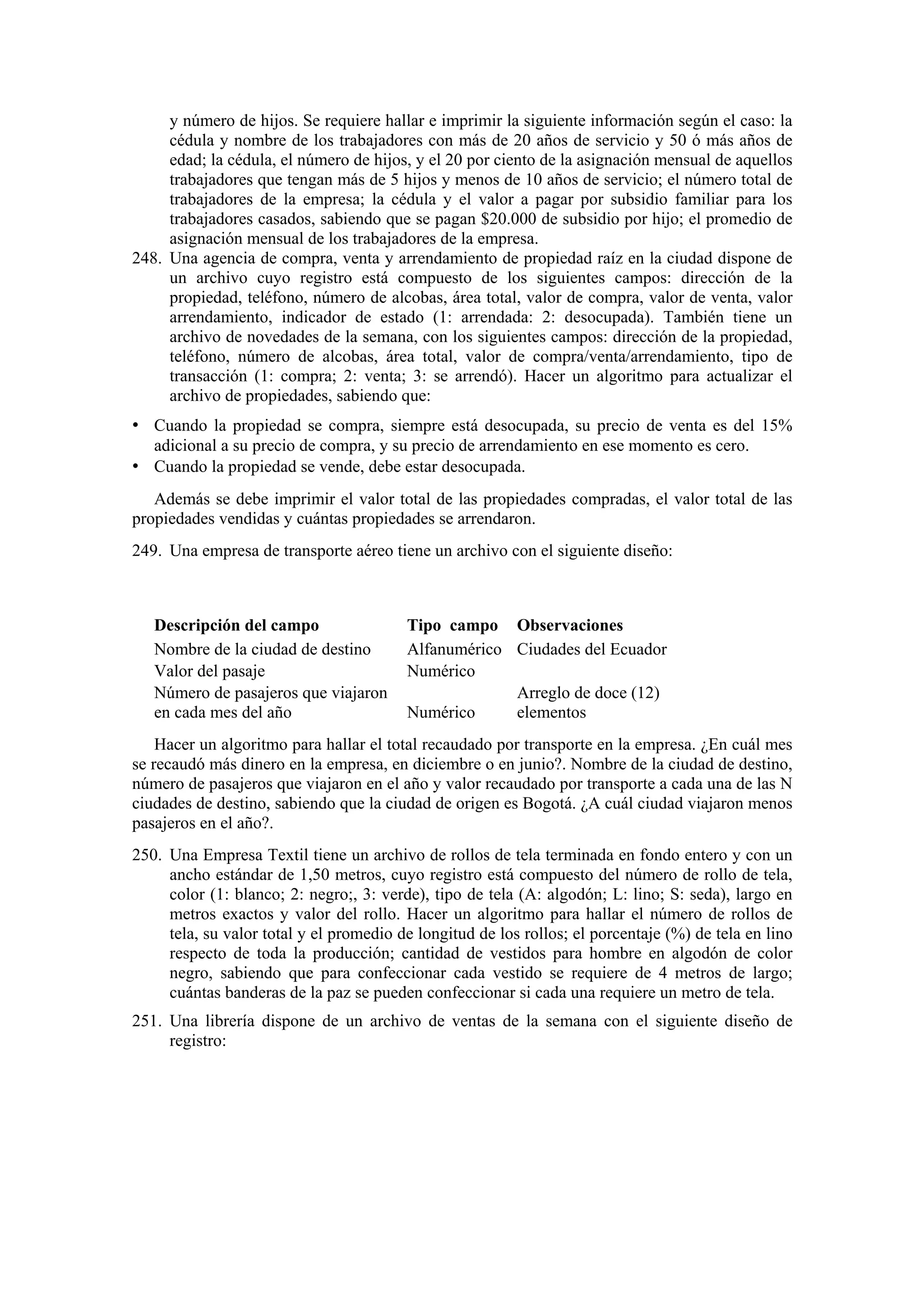 y número de hijos. Se requiere hallar e imprimir la siguiente información según el caso: la
cédula y nombre de los trabajadores con más de 20 años de servicio y 50 ó más años de
edad; la cédula, el número de hijos, y el 20 por ciento de la asignación mensual de aquellos
trabajadores que tengan más de 5 hijos y menos de 10 años de servicio; el número total de
trabajadores de la empresa; la cédula y el valor a pagar por subsidio familiar para los
trabajadores casados, sabiendo que se pagan $20.000 de subsidio por hijo; el promedio de
asignación mensual de los trabajadores de la empresa.
248. Una agencia de compra, venta y arrendamiento de propiedad raíz en la ciudad dispone de
un archivo cuyo registro está compuesto de los siguientes campos: dirección de la
propiedad, teléfono, número de alcobas, área total, valor de compra, valor de venta, valor
arrendamiento, indicador de estado (1: arrendada: 2: desocupada). También tiene un
archivo de novedades de la semana, con los siguientes campos: dirección de la propiedad,
teléfono, número de alcobas, área total, valor de compra/venta/arrendamiento, tipo de
transacción (1: compra; 2: venta; 3: se arrendó). Hacer un algoritmo para actualizar el
archivo de propiedades, sabiendo que:

• Cuando la propiedad se compra, siempre está desocupada, su precio de venta es del 15%
adicional a su precio de compra, y su precio de arrendamiento en ese momento es cero.

• Cuando la propiedad se vende, debe estar desocupada.
Además se debe imprimir el valor total de las propiedades compradas, el valor total de las
propiedades vendidas y cuántas propiedades se arrendaron.
249. Una empresa de transporte aéreo tiene un archivo con el siguiente diseño:

Descripción del campo
Nombre de la ciudad de destino
Valor del pasaje
Número de pasajeros que viajaron
en cada mes del año

Tipo campo Observaciones
Alfanumérico Ciudades del Ecuador
Numérico
Arreglo de doce (12)
Numérico
elementos

Hacer un algoritmo para hallar el total recaudado por transporte en la empresa. ¿En cuál mes
se recaudó más dinero en la empresa, en diciembre o en junio?. Nombre de la ciudad de destino,
número de pasajeros que viajaron en el año y valor recaudado por transporte a cada una de las N
ciudades de destino, sabiendo que la ciudad de origen es Bogotá. ¿A cuál ciudad viajaron menos
pasajeros en el año?.
250. Una Empresa Textil tiene un archivo de rollos de tela terminada en fondo entero y con un
ancho estándar de 1,50 metros, cuyo registro está compuesto del número de rollo de tela,
color (1: blanco; 2: negro;, 3: verde), tipo de tela (A: algodón; L: lino; S: seda), largo en
metros exactos y valor del rollo. Hacer un algoritmo para hallar el número de rollos de
tela, su valor total y el promedio de longitud de los rollos; el porcentaje (%) de tela en lino
respecto de toda la producción; cantidad de vestidos para hombre en algodón de color
negro, sabiendo que para confeccionar cada vestido se requiere de 4 metros de largo;
cuántas banderas de la paz se pueden confeccionar si cada una requiere un metro de tela.
251. Una librería dispone de un archivo de ventas de la semana con el siguiente diseño de
registro:

 