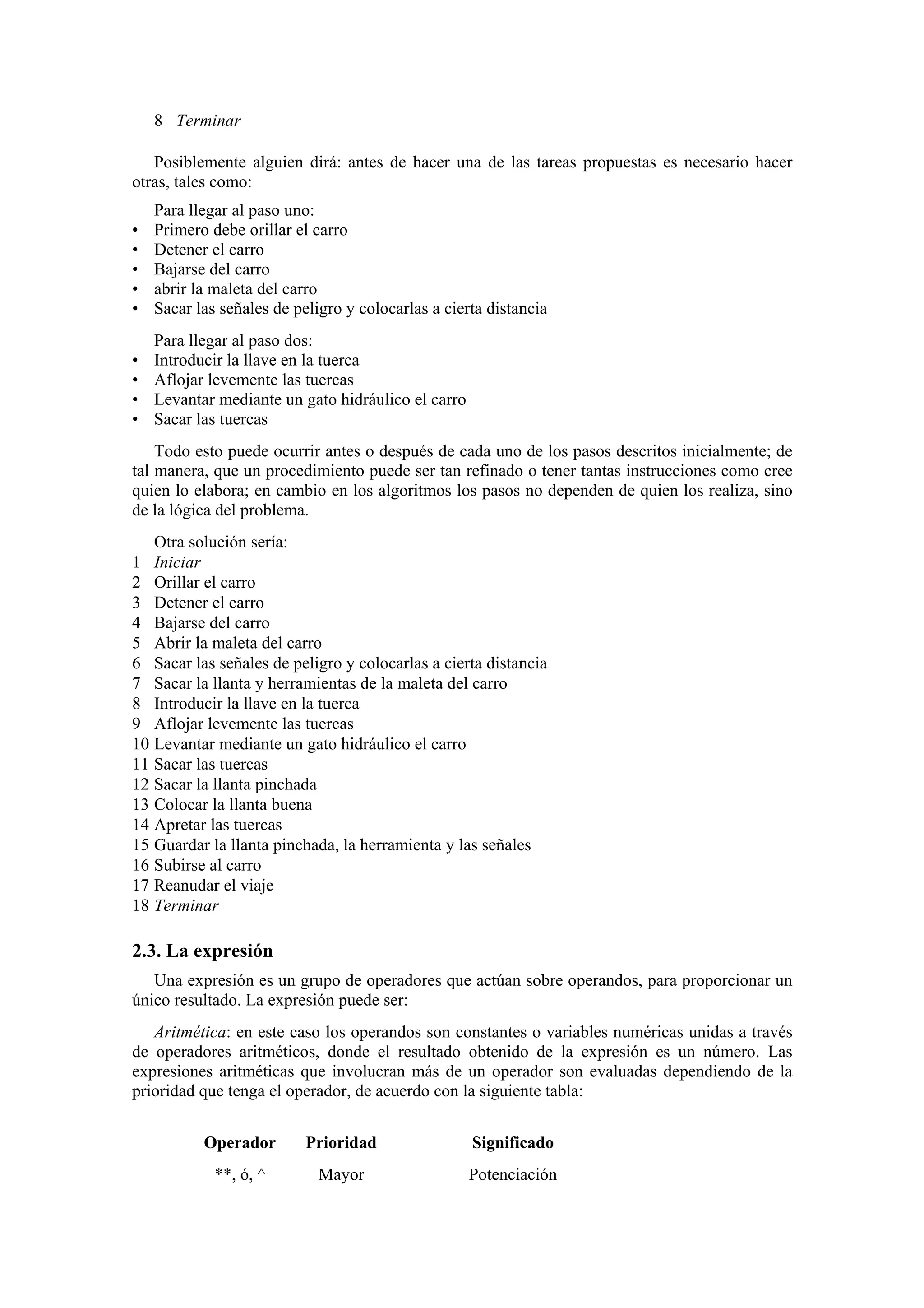 8 Terminar
Posiblemente alguien dirá: antes de hacer una de las tareas propuestas es necesario hacer
otras, tales como:
•
•
•
•
•

Para llegar al paso uno:
Primero debe orillar el carro
Detener el carro
Bajarse del carro
abrir la maleta del carro
Sacar las señales de peligro y colocarlas a cierta distancia

•
•
•
•

Para llegar al paso dos:
Introducir la llave en la tuerca
Aflojar levemente las tuercas
Levantar mediante un gato hidráulico el carro
Sacar las tuercas

Todo esto puede ocurrir antes o después de cada uno de los pasos descritos inicialmente; de
tal manera, que un procedimiento puede ser tan refinado o tener tantas instrucciones como cree
quien lo elabora; en cambio en los algoritmos los pasos no dependen de quien los realiza, sino
de la lógica del problema.
Otra solución sería:
1 Iniciar
2 Orillar el carro
3 Detener el carro
4 Bajarse del carro
5 Abrir la maleta del carro
6 Sacar las señales de peligro y colocarlas a cierta distancia
7 Sacar la llanta y herramientas de la maleta del carro
8 Introducir la llave en la tuerca
9 Aflojar levemente las tuercas
10 Levantar mediante un gato hidráulico el carro
11 Sacar las tuercas
12 Sacar la llanta pinchada
13 Colocar la llanta buena
14 Apretar las tuercas
15 Guardar la llanta pinchada, la herramienta y las señales
16 Subirse al carro
17 Reanudar el viaje
18 Terminar

2.3. La expresión
Una expresión es un grupo de operadores que actúan sobre operandos, para proporcionar un
único resultado. La expresión puede ser:
Aritmética: en este caso los operandos son constantes o variables numéricas unidas a través
de operadores aritméticos, donde el resultado obtenido de la expresión es un número. Las
expresiones aritméticas que involucran más de un operador son evaluadas dependiendo de la
prioridad que tenga el operador, de acuerdo con la siguiente tabla:
Operador

Prioridad

Significado

**, ó, ^

Mayor

Potenciación

 