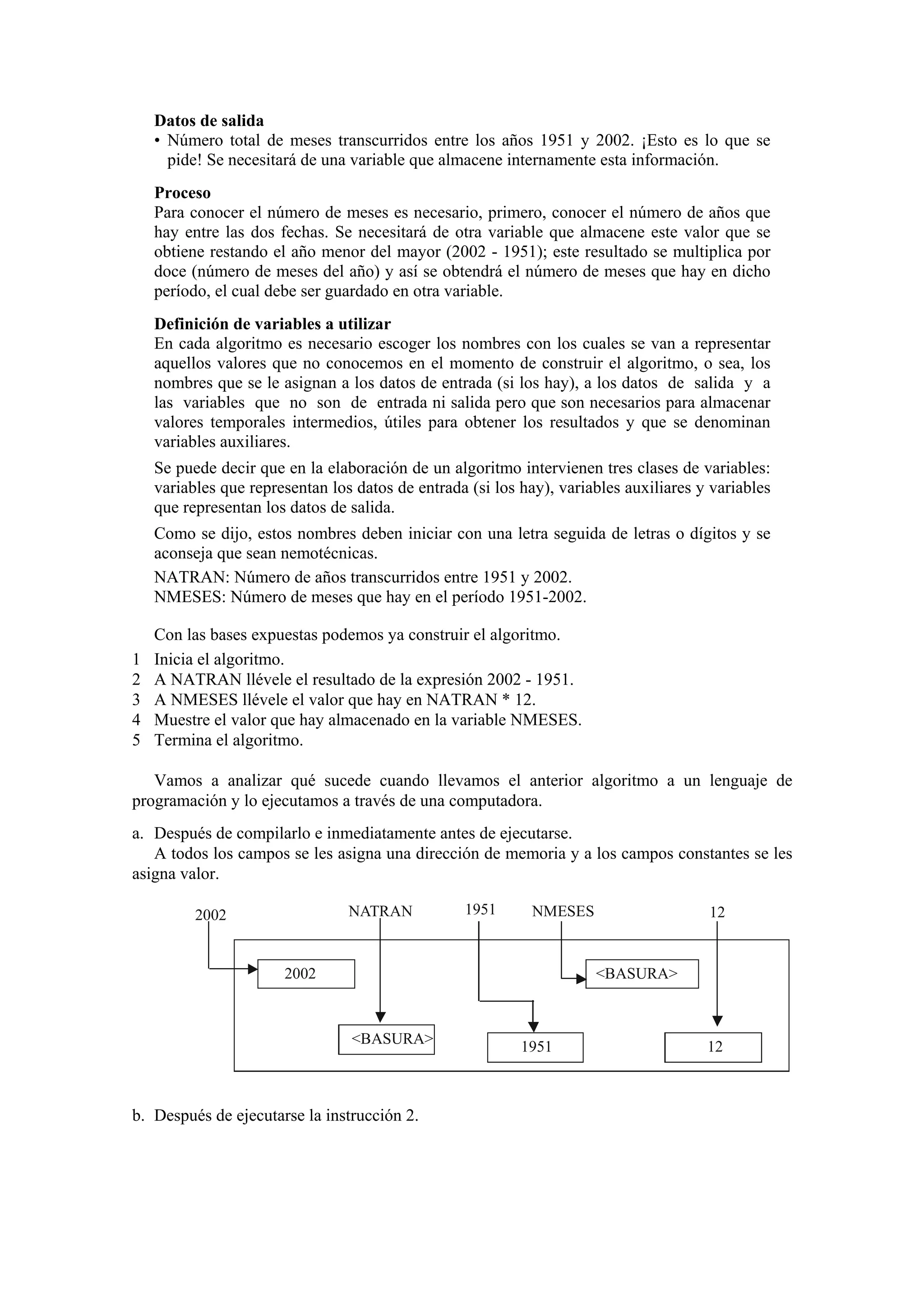 Datos de salida
• Número total de meses transcurridos entre los años 1951 y 2002. ¡Esto es lo que se
pide! Se necesitará de una variable que almacene internamente esta información.
Proceso
Para conocer el número de meses es necesario, primero, conocer el número de años que
hay entre las dos fechas. Se necesitará de otra variable que almacene este valor que se
obtiene restando el año menor del mayor (2002 - 1951); este resultado se multiplica por
doce (número de meses del año) y así se obtendrá el número de meses que hay en dicho
período, el cual debe ser guardado en otra variable.
Definición de variables a utilizar
En cada algoritmo es necesario escoger los nombres con los cuales se van a representar
aquellos valores que no conocemos en el momento de construir el algoritmo, o sea, los
nombres que se le asignan a los datos de entrada (si los hay), a los datos de salida y a
las variables que no son de entrada ni salida pero que son necesarios para almacenar
valores temporales intermedios, útiles para obtener los resultados y que se denominan
variables auxiliares.
Se puede decir que en la elaboración de un algoritmo intervienen tres clases de variables:
variables que representan los datos de entrada (si los hay), variables auxiliares y variables
que representan los datos de salida.
Como se dijo, estos nombres deben iniciar con una letra seguida de letras o dígitos y se
aconseja que sean nemotécnicas.
NATRAN: Número de años transcurridos entre 1951 y 2002.
NMESES: Número de meses que hay en el período 1951-2002.

1
2
3
4
5

Con las bases expuestas podemos ya construir el algoritmo.
Inicia el algoritmo.
A NATRAN llévele el resultado de la expresión 2002 - 1951.
A NMESES llévele el valor que hay en NATRAN * 12.
Muestre el valor que hay almacenado en la variable NMESES.
Termina el algoritmo.

Vamos a analizar qué sucede cuando llevamos el anterior algoritmo a un lenguaje de
programación y lo ejecutamos a través de una computadora.
a. Después de compilarlo e inmediatamente antes de ejecutarse.
A todos los campos se les asigna una dirección de memoria y a los campos constantes se les
asigna valor.
NATRAN

2002

1951

NMESES

2002

12

<BASURA>

<BASURA>

b. Después de ejecutarse la instrucción 2.

1951

12

 