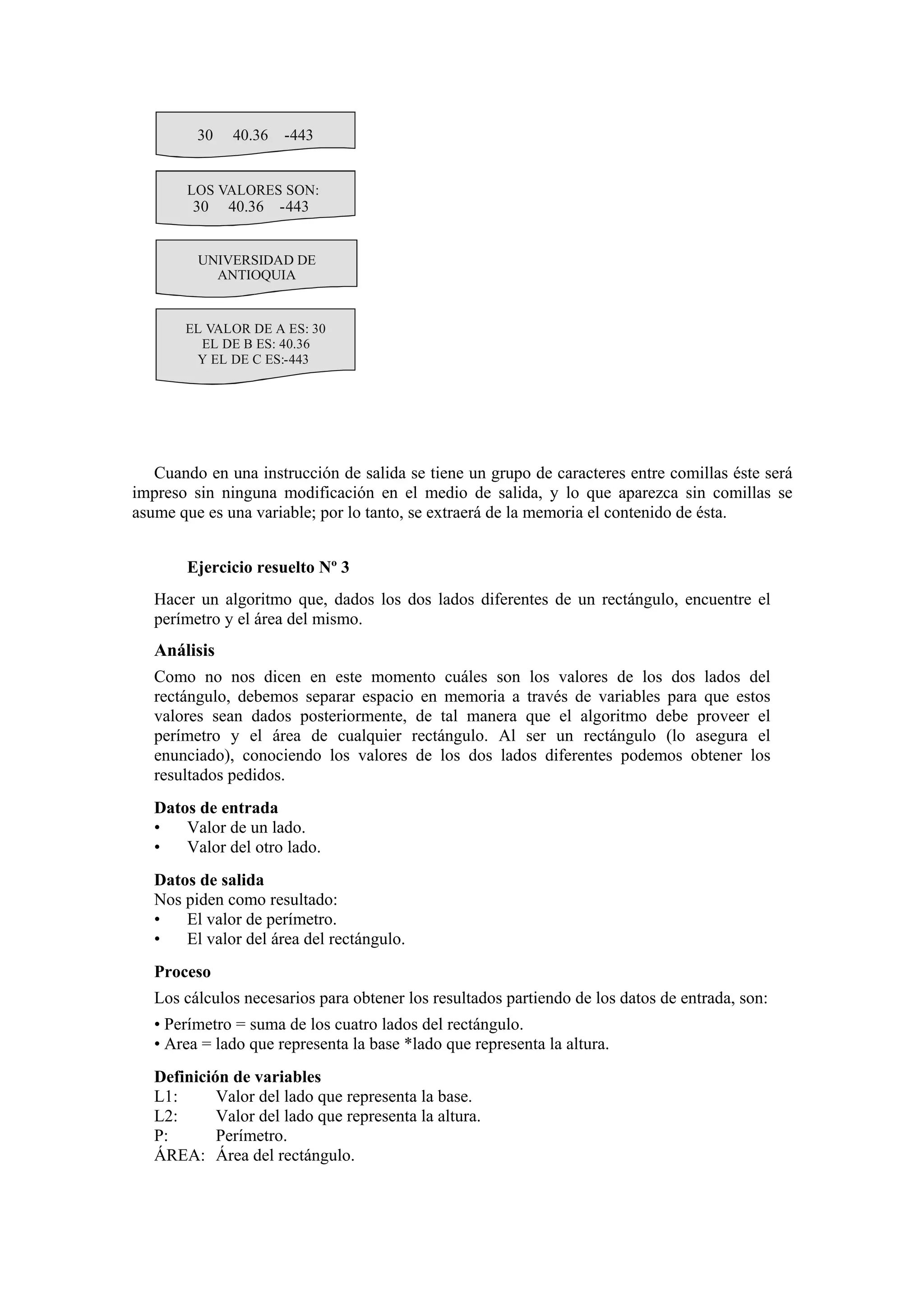 30

40.36

-443

LOS VALORES SON:

30

40.36 -443

UNIVERSIDAD DE
ANTIOQUIA

EL VALOR DE A ES: 30
EL DE B ES: 40.36
Y EL DE C ES:-443

Cuando en una instrucción de salida se tiene un grupo de caracteres entre comillas éste será
impreso sin ninguna modificación en el medio de salida, y lo que aparezca sin comillas se
asume que es una variable; por lo tanto, se extraerá de la memoria el contenido de ésta.
Ejercicio resuelto Nº 3
Hacer un algoritmo que, dados los dos lados diferentes de un rectángulo, encuentre el
perímetro y el área del mismo.

Análisis
Como no nos dicen en este momento cuáles son los valores de los dos lados del
rectángulo, debemos separar espacio en memoria a través de variables para que estos
valores sean dados posteriormente, de tal manera que el algoritmo debe proveer el
perímetro y el área de cualquier rectángulo. Al ser un rectángulo (lo asegura el
enunciado), conociendo los valores de los dos lados diferentes podemos obtener los
resultados pedidos.
Datos de entrada
•
Valor de un lado.
•
Valor del otro lado.
Datos de salida
Nos piden como resultado:
•
El valor de perímetro.
•
El valor del área del rectángulo.
Proceso
Los cálculos necesarios para obtener los resultados partiendo de los datos de entrada, son:
• Perímetro = suma de los cuatro lados del rectángulo.
• Area = lado que representa la base *lado que representa la altura.
Definición de variables
L1:
Valor del lado que representa la base.
L2:
Valor del lado que representa la altura.
P:
Perímetro.
ÁREA: Área del rectángulo.

 