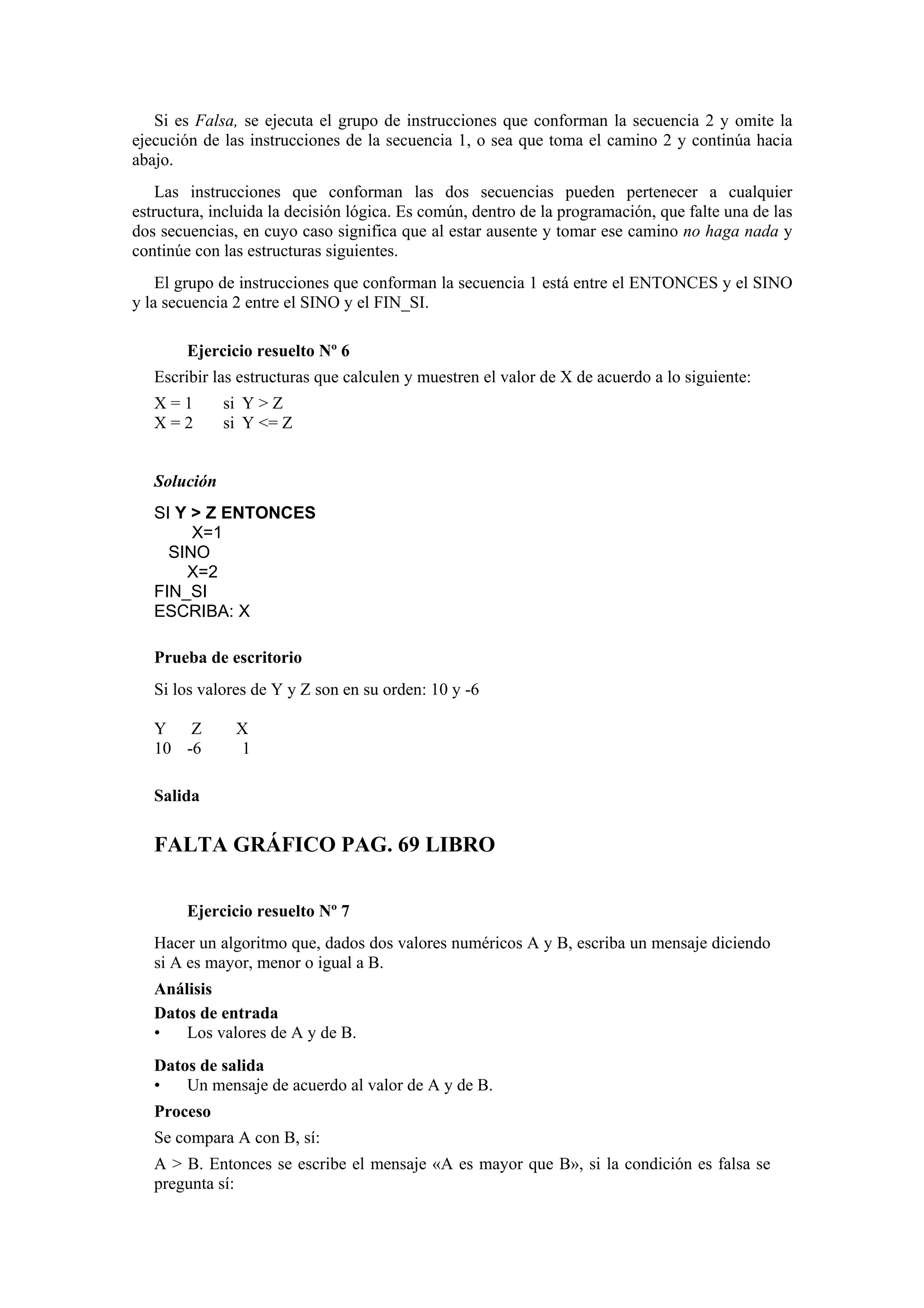 Si es Falsa, se ejecuta el grupo de instrucciones que conforman la secuencia 2 y omite la
ejecución de las instrucciones de la secuencia 1, o sea que toma el camino 2 y continúa hacia
abajo.
Las instrucciones que conforman las dos secuencias pueden pertenecer a cualquier
estructura, incluida la decisión lógica. Es común, dentro de la programación, que falte una de las
dos secuencias, en cuyo caso significa que al estar ausente y tomar ese camino no haga nada y
continúe con las estructuras siguientes.
El grupo de instrucciones que conforman la secuencia 1 está entre el ENTONCES y el SINO
y la secuencia 2 entre el SINO y el FIN_SI.
Ejercicio resuelto Nº 6
Escribir las estructuras que calculen y muestren el valor de X de acuerdo a lo siguiente:
X=1
X=2

si Y > Z
si Y <= Z

Solución
SI Y > Z ENTONCES
X=1
SINO
X=2
FIN_SI
ESCRIBA: X
Prueba de escritorio
Si los valores de Y y Z son en su orden: 10 y -6
Y Z
10 -6

X
1

Salida

FALTA GRÁFICO PAG. 69 LIBRO
Ejercicio resuelto Nº 7
Hacer un algoritmo que, dados dos valores numéricos A y B, escriba un mensaje diciendo
si A es mayor, menor o igual a B.
Análisis
Datos de entrada
•
Los valores de A y de B.
Datos de salida
•
Un mensaje de acuerdo al valor de A y de B.
Proceso
Se compara A con B, sí:
A > B. Entonces se escribe el mensaje «A es mayor que B», si la condición es falsa se
pregunta sí:

 