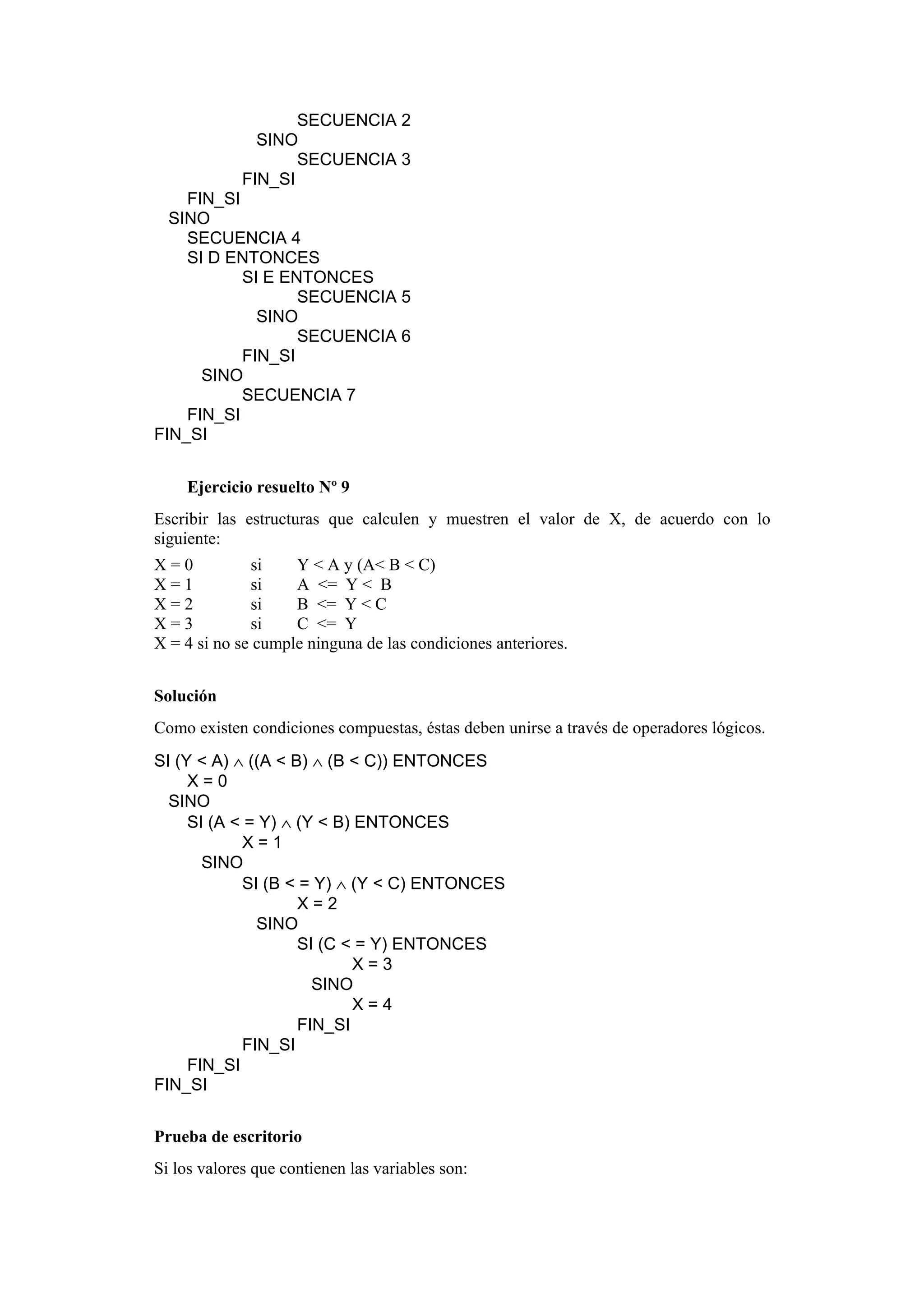 SECUENCIA 2
SINO
SECUENCIA 3
FIN_SI
FIN_SI
SINO
SECUENCIA 4
SI D ENTONCES
SI E ENTONCES
SECUENCIA 5
SINO
SECUENCIA 6
FIN_SI
SINO
SECUENCIA 7
FIN_SI
FIN_SI
Ejercicio resuelto Nº 9
Escribir las estructuras que calculen y muestren el valor de X, de acuerdo con lo
siguiente:
X=0
si
Y < A y (A< B < C)
X=1
si
A <= Y < B
X=2
si
B <= Y < C
X=3
si
C <= Y
X = 4 si no se cumple ninguna de las condiciones anteriores.
Solución
Como existen condiciones compuestas, éstas deben unirse a través de operadores lógicos.
SI (Y < A) ∧ ((A < B) ∧ (B < C)) ENTONCES
X=0
SINO
SI (A < = Y) ∧ (Y < B) ENTONCES
X=1
SINO
SI (B < = Y) ∧ (Y < C) ENTONCES
X=2
SINO
SI (C < = Y) ENTONCES
X=3
SINO
X=4
FIN_SI
FIN_SI
FIN_SI
FIN_SI
Prueba de escritorio
Si los valores que contienen las variables son:

 
