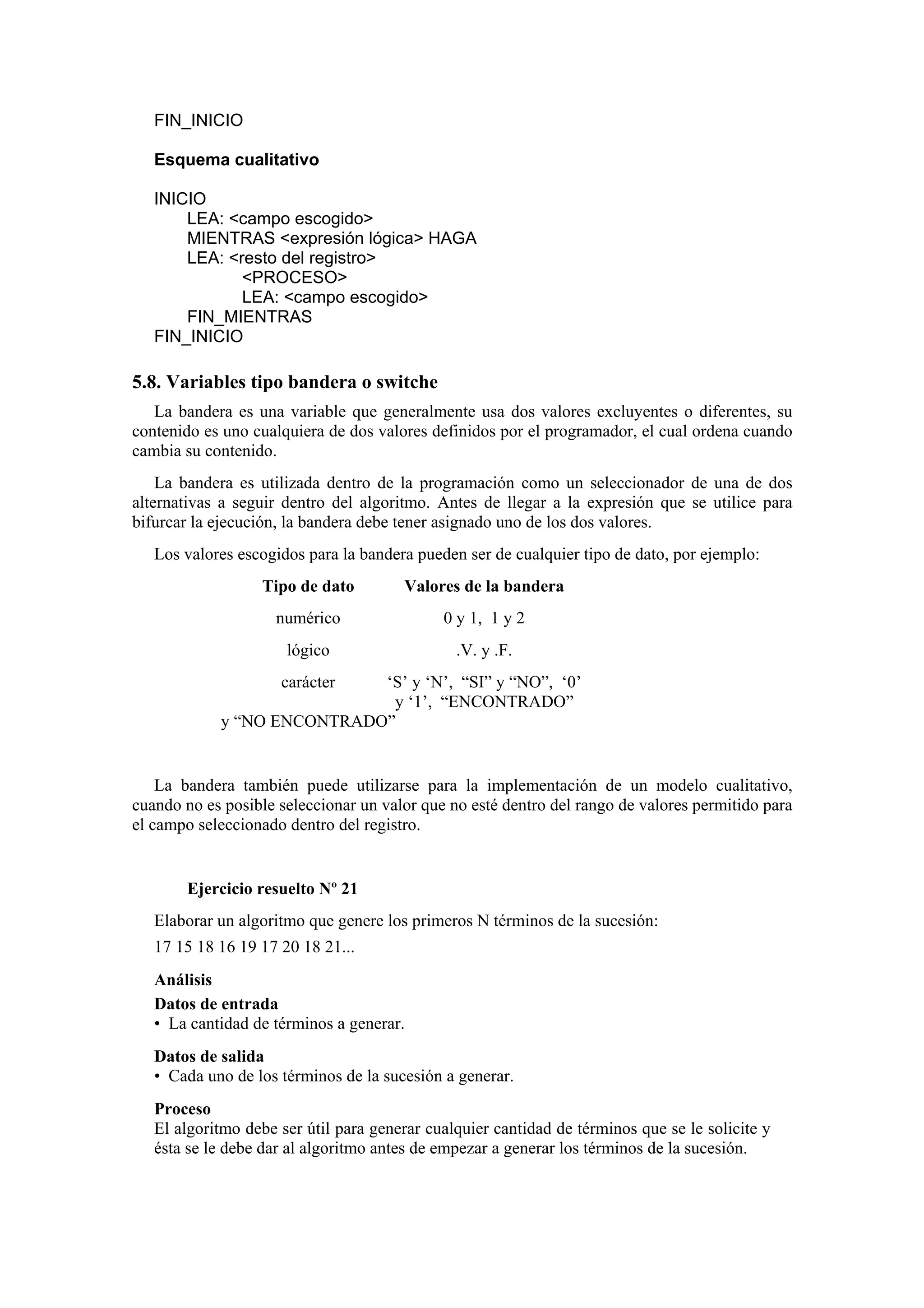 FIN_INICIO
Esquema cualitativo
INICIO
LEA: <campo escogido>
MIENTRAS <expresión lógica> HAGA
LEA: <resto del registro>
<PROCESO>
LEA: <campo escogido>
FIN_MIENTRAS
FIN_INICIO

5.8. Variables tipo bandera o switche
La bandera es una variable que generalmente usa dos valores excluyentes o diferentes, su
contenido es uno cualquiera de dos valores definidos por el programador, el cual ordena cuando
cambia su contenido.
La bandera es utilizada dentro de la programación como un seleccionador de una de dos
alternativas a seguir dentro del algoritmo. Antes de llegar a la expresión que se utilice para
bifurcar la ejecución, la bandera debe tener asignado uno de los dos valores.
Los valores escogidos para la bandera pueden ser de cualquier tipo de dato, por ejemplo:
Tipo de dato

Valores de la bandera

numérico

0 y 1, 1 y 2

lógico

.V. y .F.

carácter

‘S’ y ‘N’, “SI” y “NO”, ‘0’
y ‘1’, “ENCONTRADO”
y “NO ENCONTRADO”

La bandera también puede utilizarse para la implementación de un modelo cualitativo,
cuando no es posible seleccionar un valor que no esté dentro del rango de valores permitido para
el campo seleccionado dentro del registro.

Ejercicio resuelto Nº 21
Elaborar un algoritmo que genere los primeros N términos de la sucesión:
17 15 18 16 19 17 20 18 21...
Análisis
Datos de entrada
• La cantidad de términos a generar.
Datos de salida
• Cada uno de los términos de la sucesión a generar.
Proceso
El algoritmo debe ser útil para generar cualquier cantidad de términos que se le solicite y
ésta se le debe dar al algoritmo antes de empezar a generar los términos de la sucesión.

 
