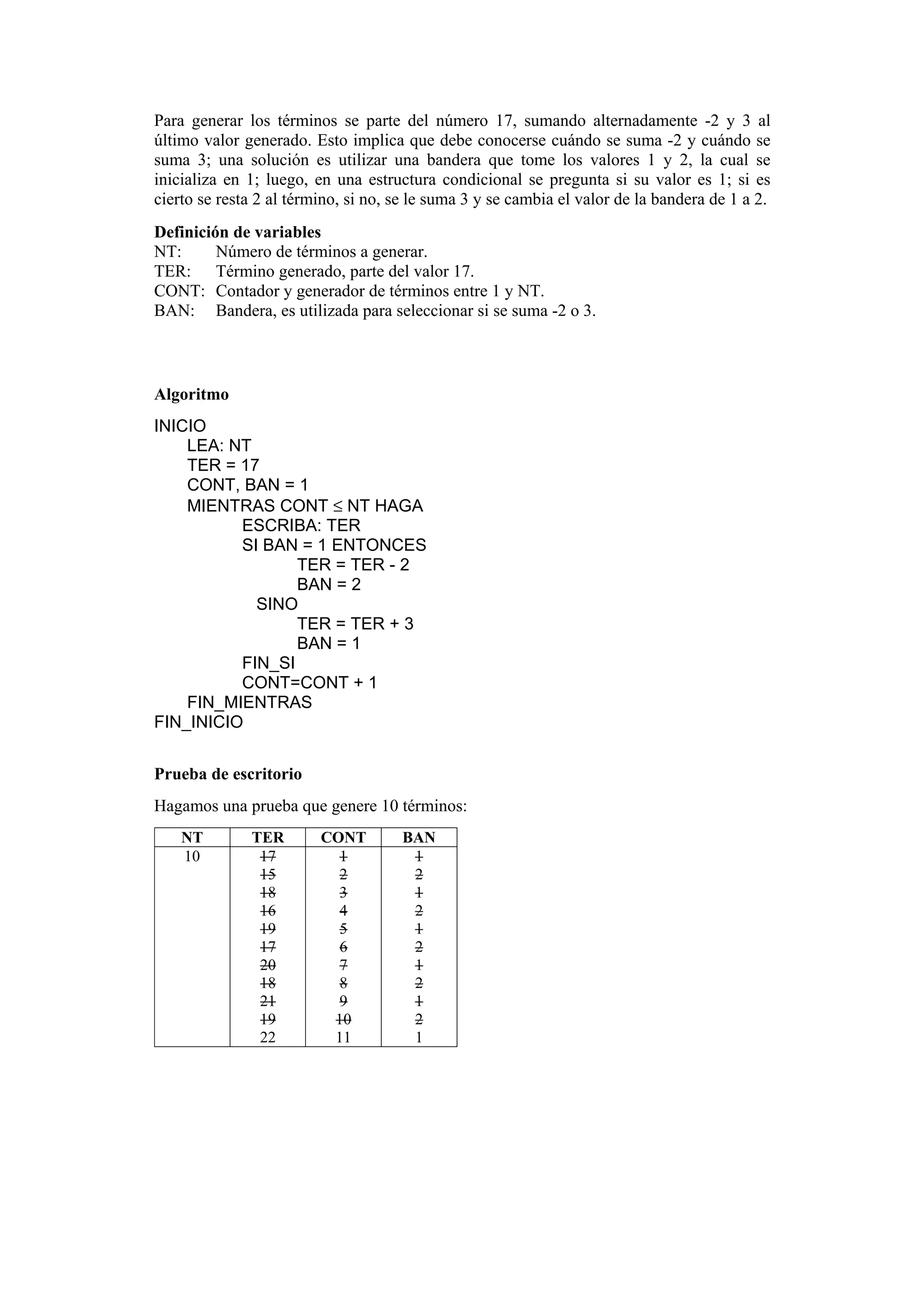 Para generar los términos se parte del número 17, sumando alternadamente -2 y 3 al
último valor generado. Esto implica que debe conocerse cuándo se suma -2 y cuándo se
suma 3; una solución es utilizar una bandera que tome los valores 1 y 2, la cual se
inicializa en 1; luego, en una estructura condicional se pregunta si su valor es 1; si es
cierto se resta 2 al término, si no, se le suma 3 y se cambia el valor de la bandera de 1 a 2.
Definición de variables
NT:
Número de términos a generar.
TER: Término generado, parte del valor 17.
CONT: Contador y generador de términos entre 1 y NT.
BAN: Bandera, es utilizada para seleccionar si se suma -2 o 3.

Algoritmo
INICIO
LEA: NT
TER = 17
CONT, BAN = 1
MIENTRAS CONT ≤ NT HAGA
ESCRIBA: TER
SI BAN = 1 ENTONCES
TER = TER - 2
BAN = 2
SINO
TER = TER + 3
BAN = 1
FIN_SI
CONT=CONT + 1
FIN_MIENTRAS
FIN_INICIO
Prueba de escritorio
Hagamos una prueba que genere 10 términos:
NT
10

TER
17
15
18
16
19
17
20
18
21
19
22

CONT
1
2
3
4
5
6
7
8
9
10
11

BAN
1
2
1
2
1
2
1
2
1
2
1

 