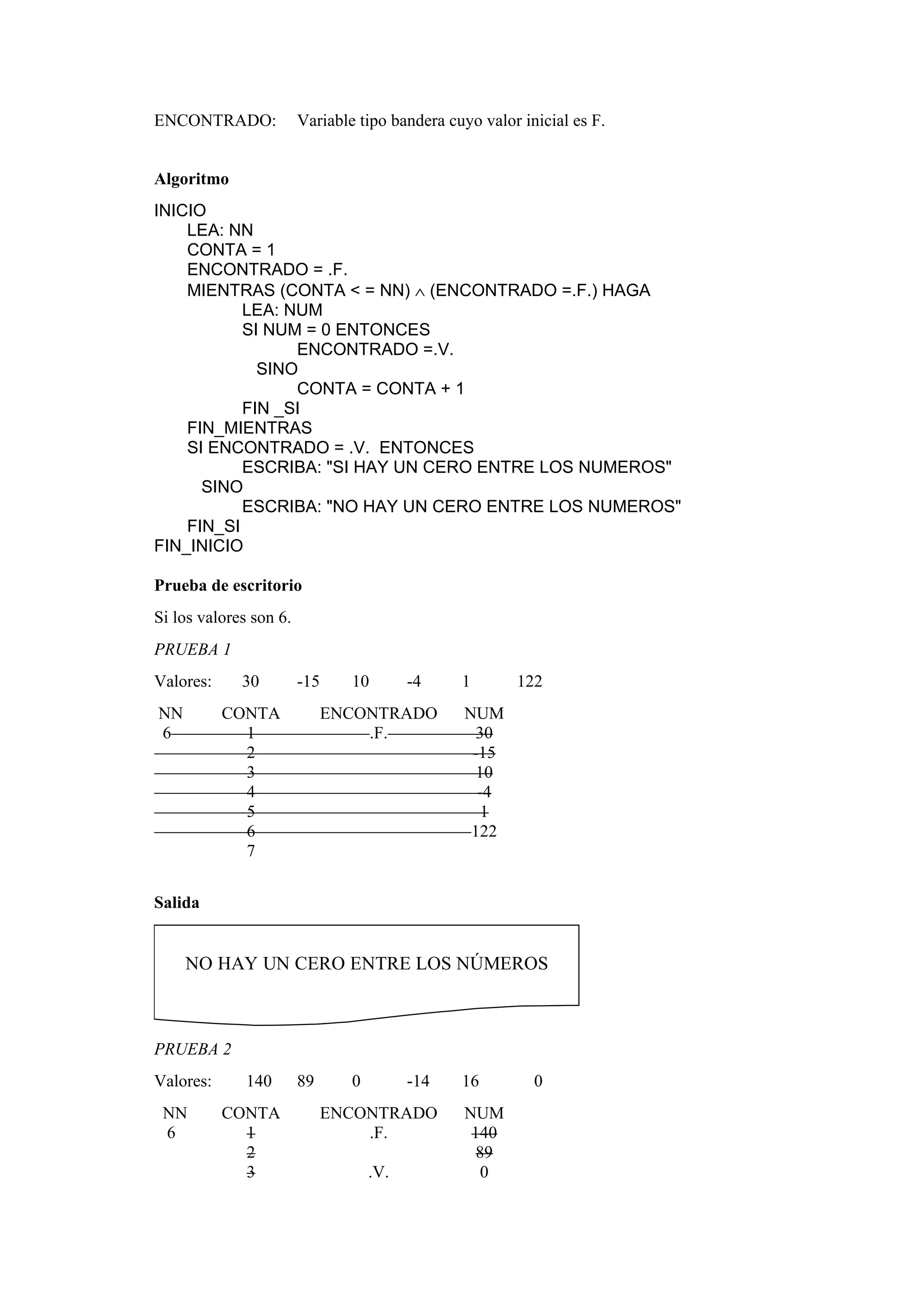 ENCONTRADO:

Variable tipo bandera cuyo valor inicial es F.

Algoritmo
INICIO
LEA: NN
CONTA = 1
ENCONTRADO = .F.
MIENTRAS (CONTA < = NN) ∧ (ENCONTRADO =.F.) HAGA
LEA: NUM
SI NUM = 0 ENTONCES
ENCONTRADO =.V.
SINO
CONTA = CONTA + 1
FIN _SI
FIN_MIENTRAS
SI ENCONTRADO = .V. ENTONCES
ESCRIBA: "SI HAY UN CERO ENTRE LOS NUMEROS"
SINO
ESCRIBA: "NO HAY UN CERO ENTRE LOS NUMEROS"
FIN_SI
FIN_INICIO
Prueba de escritorio
Si los valores son 6.
PRUEBA 1
Valores:
NN
6

30

-15

CONTA
1
2
3
4
5
6
7

10

-4

ENCONTRADO
.F.

1

122

NUM
30
-15
10
-4
1
122

Salida

NO HAY UN CERO ENTRE LOS NÚMEROS

PRUEBA 2
Valores:
NN
6

140
CONTA
1
2
3

89

0

-14

ENCONTRADO
.F.
.V.

16
NUM
140
89
0

0

 