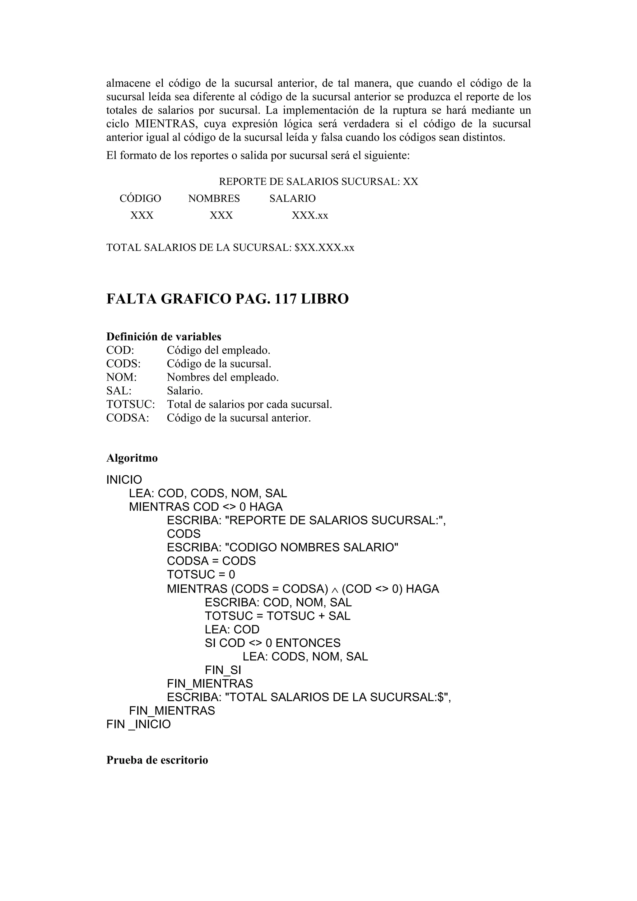 almacene el código de la sucursal anterior, de tal manera, que cuando el código de la
sucursal leída sea diferente al código de la sucursal anterior se produzca el reporte de los
totales de salarios por sucursal. La implementación de la ruptura se hará mediante un
ciclo MIENTRAS, cuya expresión lógica será verdadera si el código de la sucursal
anterior igual al código de la sucursal leída y falsa cuando los códigos sean distintos.
El formato de los reportes o salida por sucursal será el siguiente:
REPORTE DE SALARIOS SUCURSAL: XX
CÓDIGO

NOMBRES

XXX

XXX

SALARIO
XXX.xx

TOTAL SALARIOS DE LA SUCURSAL: $XX.XXX.xx

FALTA GRAFICO PAG. 117 LIBRO
Definición de variables
COD:
Código del empleado.
CODS:
Código de la sucursal.
NOM:
Nombres del empleado.
SAL:
Salario.
TOTSUC: Total de salarios por cada sucursal.
CODSA: Código de la sucursal anterior.

Algoritmo
INICIO
LEA: COD, CODS, NOM, SAL
MIENTRAS COD <> 0 HAGA
ESCRIBA: "REPORTE DE SALARIOS SUCURSAL:",
CODS
ESCRIBA: "CODIGO NOMBRES SALARIO"
CODSA = CODS
TOTSUC = 0
MIENTRAS (CODS = CODSA) ∧ (COD <> 0) HAGA
ESCRIBA: COD, NOM, SAL
TOTSUC = TOTSUC + SAL
LEA: COD
SI COD <> 0 ENTONCES
LEA: CODS, NOM, SAL
FIN_SI
FIN_MIENTRAS
ESCRIBA: "TOTAL SALARIOS DE LA SUCURSAL:$",
FIN_MIENTRAS
FIN _INICIO
Prueba de escritorio

 