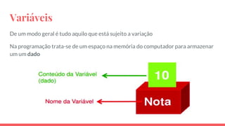 Variáveis
De um modo geral é tudo aquilo que está sujeito a variação
Na programação trata-se de um espaço na memória do computador para armazenar
um um dado
 