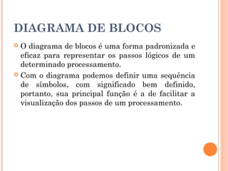 DIAGRAMA DE BLOCOS
 O diagrama de blocos é uma forma padronizada e
  eficaz para representar os passos lógicos de um
  determinado processamento.
 Com o diagrama podemos definir uma sequência
  de símbolos, com significado bem definido,
  portanto, sua principal função é a de facilitar a
  visualização dos passos de um processamento.
 
