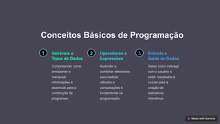 Conceitos Básicos de Programação
1 Variáveis e
Tipos de Dados
Compreender como
armazenar e
manipular
informações é
essencial para a
construção de
programas.
2 Operadores e
Expressões
Aprender a
combinar elementos
para realizar
cálculos e
comparações é
fundamental na
programação.
3 Entrada e
Saída de Dados
Saber como interagir
com o usuário e
exibir resultados é
crucial para a
criação de
aplicativos
interativos.
 