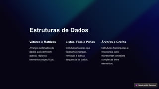 Estruturas de Dados
Vetores e Matrizes
Arranjos ordenados de
dados que permitem
acesso rápido a
elementos específicos.
Listas, Filas e Pilhas
Estruturas lineares que
facilitam a inserção,
remoção e acesso
sequencial de dados.
Árvores e Grafos
Estruturas hierárquicas e
relacionais para
representar conexões
complexas entre
elementos.
 