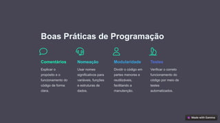 Boas Práticas de Programação
Comentários
Explicar o
propósito e o
funcionamento do
código de forma
clara.
Nomeação
Usar nomes
significativos para
variáveis, funções
e estruturas de
dados.
Modularidade
Dividir o código em
partes menores e
reutilizáveis,
facilitando a
manutenção.
Testes
Verificar o correto
funcionamento do
código por meio de
testes
automatizados.
 