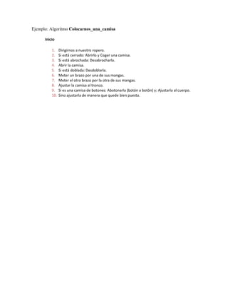 Ejemplo: Algoritmo Colocarnos_una_camisa
Inicio
1. Dirigirnos a nuestro ropero.
2. Si está cerrado: Abrirlo y Coger una camisa.
3. Si está abrochada: Desabrocharla.
4. Abrir la camisa.
5. Si está doblada: Desdoblarla.
6. Meter un brazo por una de sus mangas.
7. Meter el otro brazo por la otra de sus mangas.
8. Ajustar la camisa al tronco.
9. Si es una camisa de botones: Abotonarla (botón a botón) y: Ajustarla al cuerpo.
10. Sino ajustarla de manera que quede bien puesta.
 