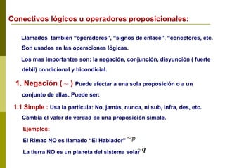 Conectivos lógicos u operadores proposicionales:
Llamados también “operadores”, “signos de enlace”, “conectores, etc.
Son usados en las operaciones lógicas.
Los mas importantes son: la negación, conjunción, disyunción ( fuerte
débil) condicional y bicondicial.
1. Negación ( ) Puede afectar a una sola proposición o a un
conjunto de ellas. Puede ser:
1.1 Simple : Usa la partícula: No, jamás, nunca, ni sub, infra, des, etc.
Cambia el valor de verdad de una proposición simple.
Ejemplos:
El Rímac NO es llamado “El Hablador”
La tierra NO es un planeta del sistema solar
 