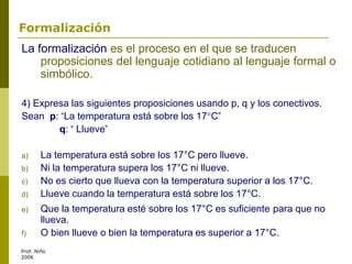 Prof. Niño
2006
La formalización es el proceso en el que se traducen
proposiciones del lenguaje cotidiano al lenguaje formal o
simbólico.
4) Expresa las siguientes proposiciones usando p, q y los conectivos.
Sean p: “La temperatura está sobre los 17°C”
q: “ Llueve”
a) La temperatura está sobre los 17°C pero llueve.
b) Ni la temperatura supera los 17°C ni llueve.
c) No es cierto que llueva con la temperatura superior a los 17°C.
d) Llueve cuando la temperatura está sobre los 17°C.
e) Que la temperatura esté sobre los 17°C es suficiente para que no
llueva.
f) O bien llueve o bien la temperatura es superior a 17°C.
Formalización
 