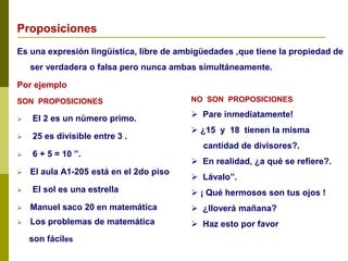 Proposiciones
Es una expresión lingüística, libre de ambigüedades ,que tiene la propiedad de
ser verdadera o falsa pero nunca ambas simultáneamente.
Por ejemplo
SON PROPOSICIONES
 El 2 es un número primo.
 25 es divisible entre 3 .
 6 + 5 = 10 ”.
 El aula A1-205 está en el 2do piso
 El sol es una estrella
 Manuel saco 20 en matemática
 Los problemas de matemática
son fáciles
NO SON PROPOSICIONES
 Pare inmediatamente!
 ¿15 y 18 tienen la misma
cantidad de divisores?.
 En realidad, ¿a qué se refiere?.
 Lávalo”.
 ¡ Qué hermosos son tus ojos !
 ¿lloverá mañana?
 Haz esto por favor
 