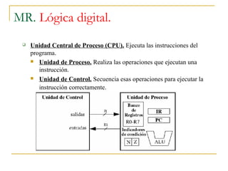 MR. Lógica digital.
 Unidad Central de Proceso (CPU). Ejecuta las instrucciones del
programa.
 Unidad de Proceso. Realiza las operaciones que ejecutan una
instrucción.
 Unidad de Control. Secuencia esas operaciones para ejecutar la
instrucción correctamente.
 