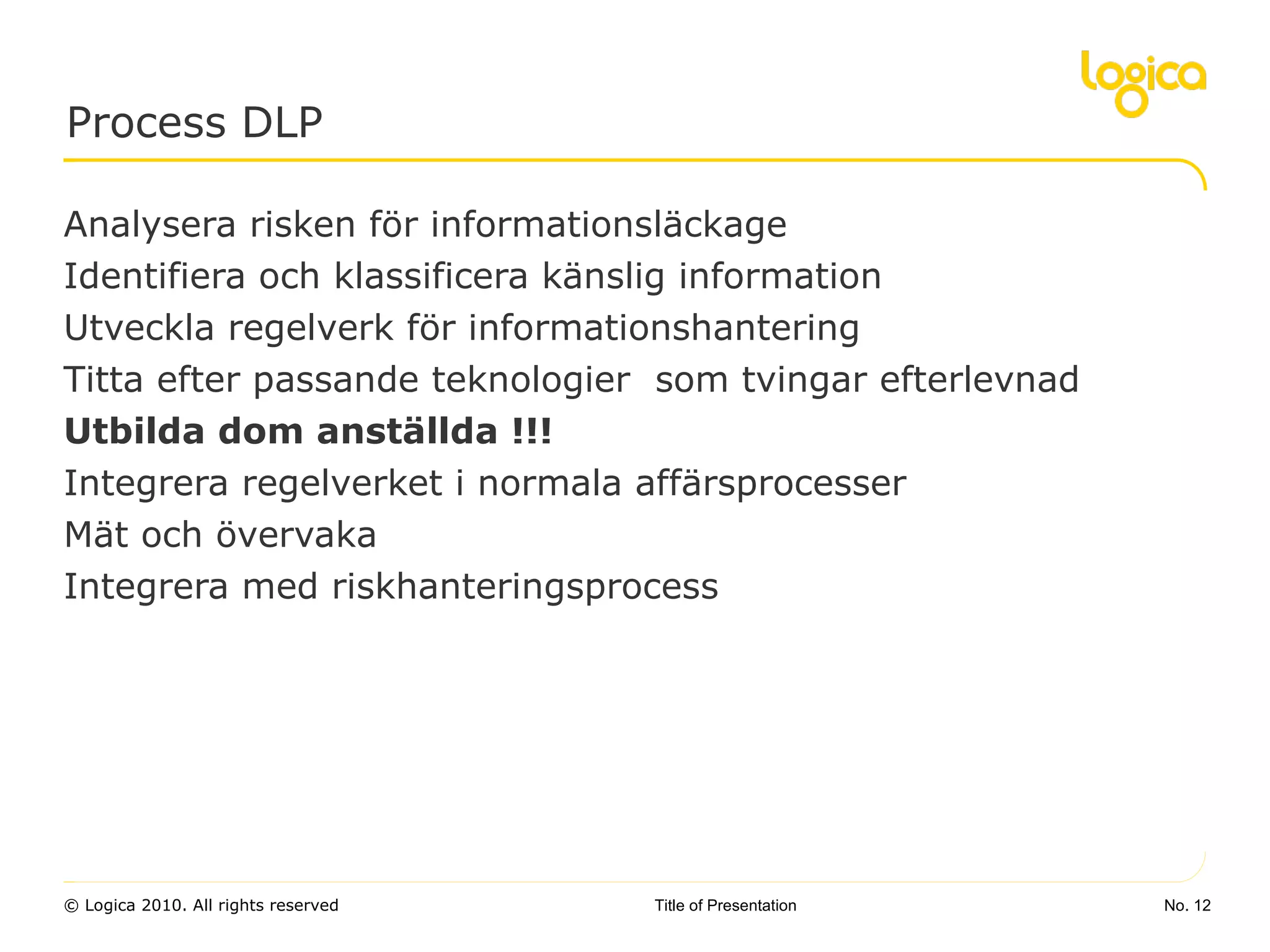 Process DLP Analysera risken för informationsläckage Identifiera och klassificera känslig information Utveckla regelverk för informationshantering Titta efter passande teknologier  som tvingar efterlevnad Utbilda dom anställda !!! Integrera regelverket i normala affärsprocesser Mät och övervaka Integrera med riskhanteringsprocess No.  Title of Presentation 