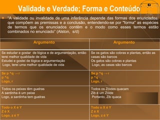“ A validade ou invalidade de uma inferência depende das formas dos enunciados, que compõem as premissas e a conclusão, entendendo-se por "forma" as espécies de termos que os enunciados contêm e o modo como esses termos estão combinados no enunciado” (Alston,  s/d) Validade e Verdade; Forma e Conteúdo  Argumento  Argumento  Se estudar e gostar  de lógica e de argumentação, então terei melhor qualidade de vida Estudei e gostei de lógica e argumentação   Logo, terei uma melhor qualidade de vida Se os gatos são cobras e plantas, então as casas são barcos Os gatos são cobras e plantas   Logo, as casas são barcos Se p ^q  -> r p ^q  Logo, r Se p ^q  -> r p ^q  Logo, r Todos os peixes têm guelras  A sardinha é um peixe Logo, a sardinha tem guelras Todos os Zóides quacam Zib é um Zóide   Portanto, Zib quaca Todo o X é Y Z é X Logo, z é Y Todo o X é Y Z é X Logo, z é Y 