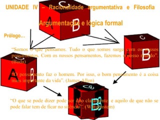 Argumentação e lógica formal   UNIDADE IV – Racionalidade argumentativa e Filosofia “ Somos o que pensamos. Tudo o que somos surge com os nossos pensamentos. Com os nossos pensamentos, fazemos o nosso mundo”. (Buda) “ O pensamento faz o homem. Por isso, o bom pensamento é a coisa mais importante da vida”. (James Allen) “ O que se pode dizer pode ser dito claramente; e aquilo de que não se pode falar tem de ficar no silêncio”. (Wittgenstein) Prólogo… 