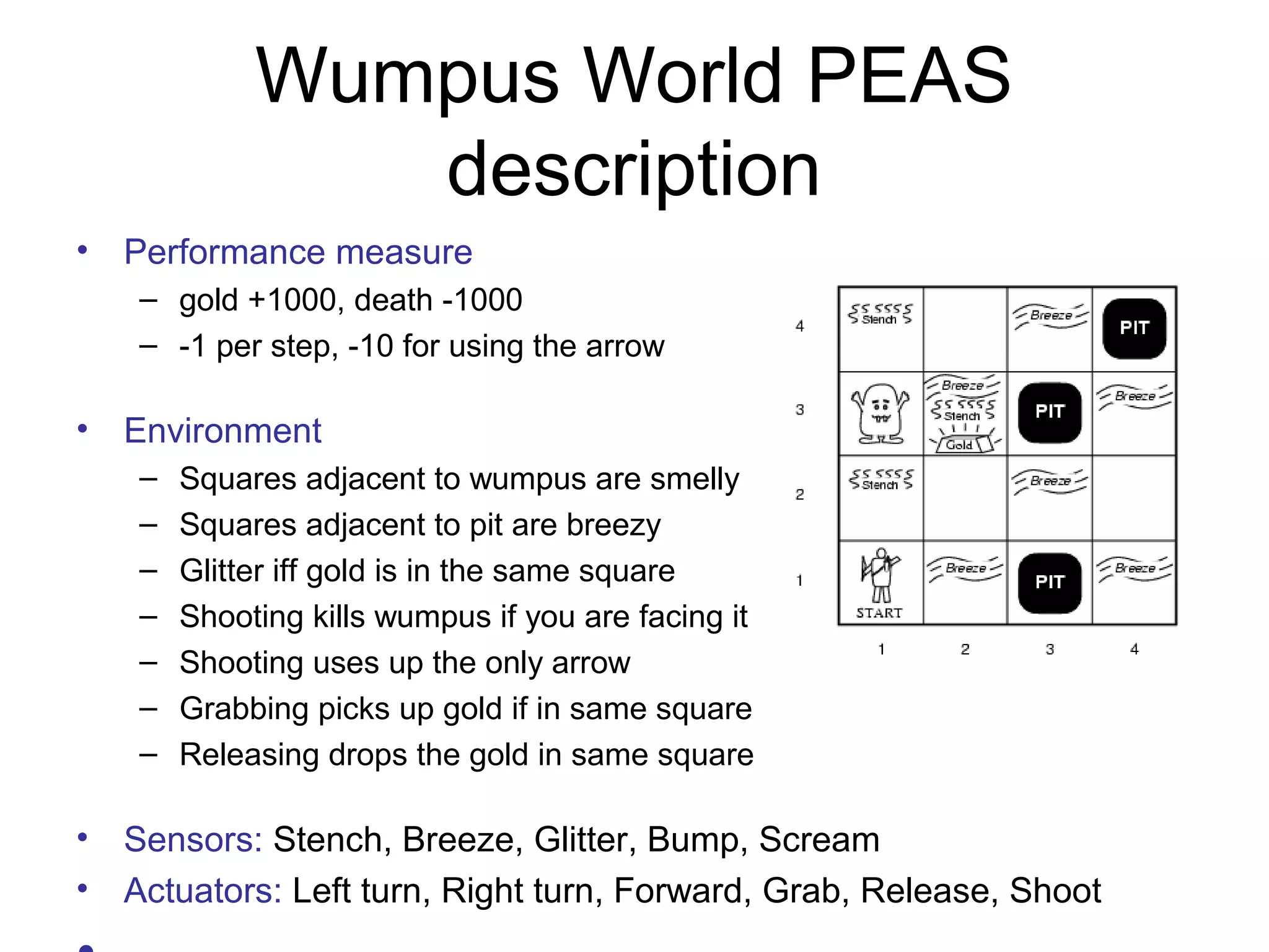 Wumpus World PEAS
description
• Performance measure
– gold +1000, death -1000
– -1 per step, -10 for using the arrow
• Environment
– Squares adjacent to wumpus are smelly
– Squares adjacent to pit are breezy
– Glitter iff gold is in the same square
– Shooting kills wumpus if you are facing it
– Shooting uses up the only arrow
– Grabbing picks up gold if in same square
– Releasing drops the gold in same square
• Sensors: Stench, Breeze, Glitter, Bump, Scream
• Actuators: Left turn, Right turn, Forward, Grab, Release, Shoot
 