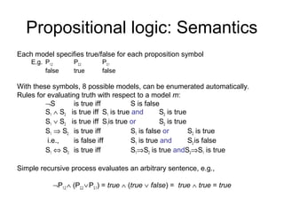 Propositional logic: Semantics
Each model specifies true/false for each proposition symbol
E.g. P1,2 P2,2 P3,1
false true false
With these symbols, 8 possible models, can be enumerated automatically.
Rules for evaluating truth with respect to a model m:
¬S is true iff S is false
S1 ∧ S2 is true iff S1 is true and S2 is true
S1 ∨ S2 is true iff S1is true or S2 is true
S1 ⇒ S2 is true iff S1 is false or S2 is true
i.e., is false iff S1 is true and S2 is false
S1 ⇔ S2 is true iff S1⇒S2 is true andS2⇒S1 is true
Simple recursive process evaluates an arbitrary sentence, e.g.,
¬P1,2 ∧ (P2,2 ∨P3,1) = true ∧ (true ∨ false) = true ∧ true = true
 