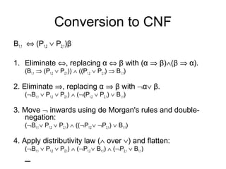 Conversion to CNF
B1,1 ⇔ (P1,2 ∨ P2,1)β
1. Eliminate ⇔, replacing α ⇔ β with (α ⇒ β)∧(β ⇒ α).
(B1,1 ⇒ (P1,2 ∨ P2,1)) ∧ ((P1,2 ∨ P2,1) ⇒ B1,1)
2. Eliminate ⇒, replacing α ⇒ β with ¬α∨ β.
(¬B1,1 ∨ P1,2 ∨ P2,1) ∧ (¬(P1,2 ∨ P2,1) ∨ B1,1)
3. Move ¬ inwards using de Morgan's rules and double-
negation:
(¬B1,1 ∨ P1,2 ∨ P2,1) ∧ ((¬P1,2 ∨ ¬P2,1) ∨ B1,1)
4. Apply distributivity law (∧ over ∨) and flatten:
(¬B1,1 ∨ P1,2 ∨ P2,1) ∧ (¬P1,2 ∨ B1,1) ∧ (¬P2,1 ∨ B1,1)
–
 