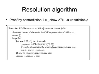 Resolution algorithm
• Proof by contradiction, i.e., show KB∧¬α unsatisfiable
•
 