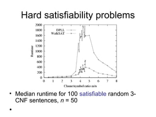 Hard satisfiability problems
• Median runtime for 100 satisfiable random 3-
CNF sentences, n = 50
•
 