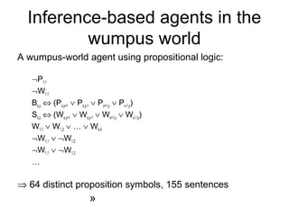 Inference-based agents in the
wumpus world
A wumpus-world agent using propositional logic:
¬P1,1
¬W1,1
Bx,y ⇔ (Px,y+1 ∨ Px,y-1 ∨ Px+1,y ∨ Px-1,y)
Sx,y ⇔ (Wx,y+1 ∨ Wx,y-1 ∨ Wx+1,y ∨ Wx-1,y)
W1,1 ∨ W1,2 ∨ … ∨ W4,4
¬W1,1 ∨ ¬W1,2
¬W1,1 ∨ ¬W1,3
…
⇒ 64 distinct proposition symbols, 155 sentences
»
 