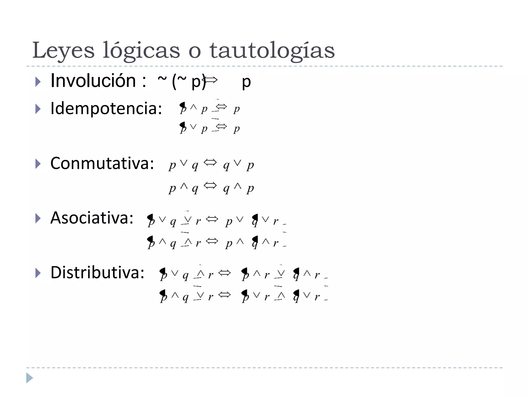 Leyes lógicas o tautologíasInvolución :  ~ (~ p)        p      Idempotencia:                      Conmutativa: Asociativa: Distributiva: