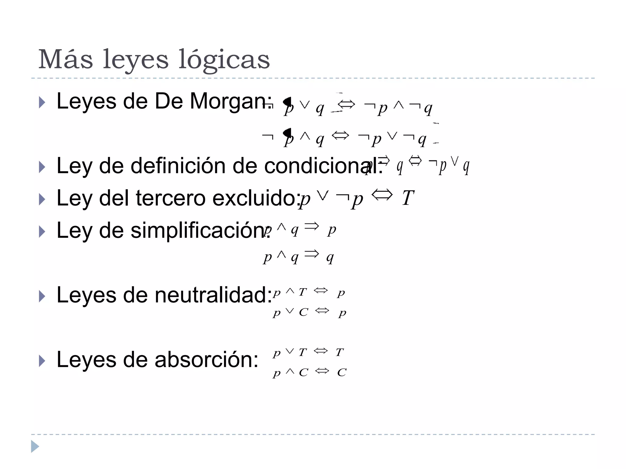 Más leyes lógicasLeyes de De Morgan:Ley de definición de condicional: Ley del tercero excluido:Ley de simplificación: Leyes de neutralidad:  Leyes de absorción: 