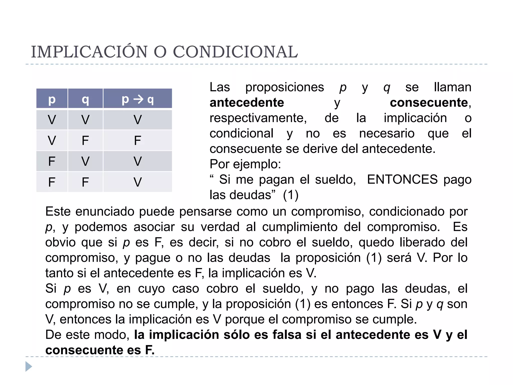 IMPLICACIÓN O CONDICIONALLas proposiciones p y q se llaman antecedente y consecuente, respectivamente, de la implicación o condicional y no es necesario que el consecuente se derive del antecedente.Por ejemplo: “ Si me pagan el sueldo,  ENTONCES pago las deudas”  (1)Este enunciado puede pensarse como un compromiso, condicionado por p, y podemos asociar su verdad al cumplimiento del compromiso.  Es obvio que si p es F, es decir, si no cobro el sueldo, quedo liberado del compromiso, y pague o no las deudas  la proposición (1) será V. Por lo tanto si el antecedente es F, la implicación es V.Si p es V, en cuyo caso cobro el sueldo, y no pago las deudas, el compromiso no se cumple, y la proposición (1) es entonces F. Si p y q son V, entonces la implicación es V porque el compromiso se cumple.De este modo, la implicación sólo es falsa si el antecedente es V y el consecuente es F.