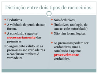 Distinção entre dois tipos de raciocínios:
Dedutivos.
A validade depende da sua
forma.
A conclusão segue-se
necessariamente das
premissas
No argumento válido, se as
premissas são verdadeiras
a conclusão também é
verdadeira.
Não dedutivos.
(indutivos, analogia, de
causas e de autoridade)
Não têm forma lógica.
As premissas podem ser
verdadeiras mas a
conclusão é apenas
provavelmente
verdadeira.
 