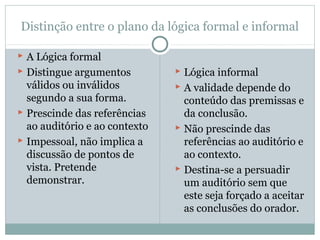 Distinção entre o plano da lógica formal e informal
 A Lógica formal
 Distingue argumentos
válidos ou inválidos
segundo a sua forma.
 Prescinde das referências
ao auditório e ao contexto
 Impessoal, não implica a
discussão de pontos de
vista. Pretende
demonstrar.
 Lógica informal
 A validade depende do
conteúdo das premissas e
da conclusão.
 Não prescinde das
referências ao auditório e
ao contexto.
 Destina-se a persuadir
um auditório sem que
este seja forçado a aceitar
as conclusões do orador.
 