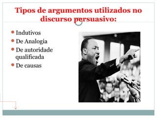 Tipos de argumentos utilizados no
discurso persuasivo:
Indutivos
De Analogia
De autoridade
qualificada
De causas
 