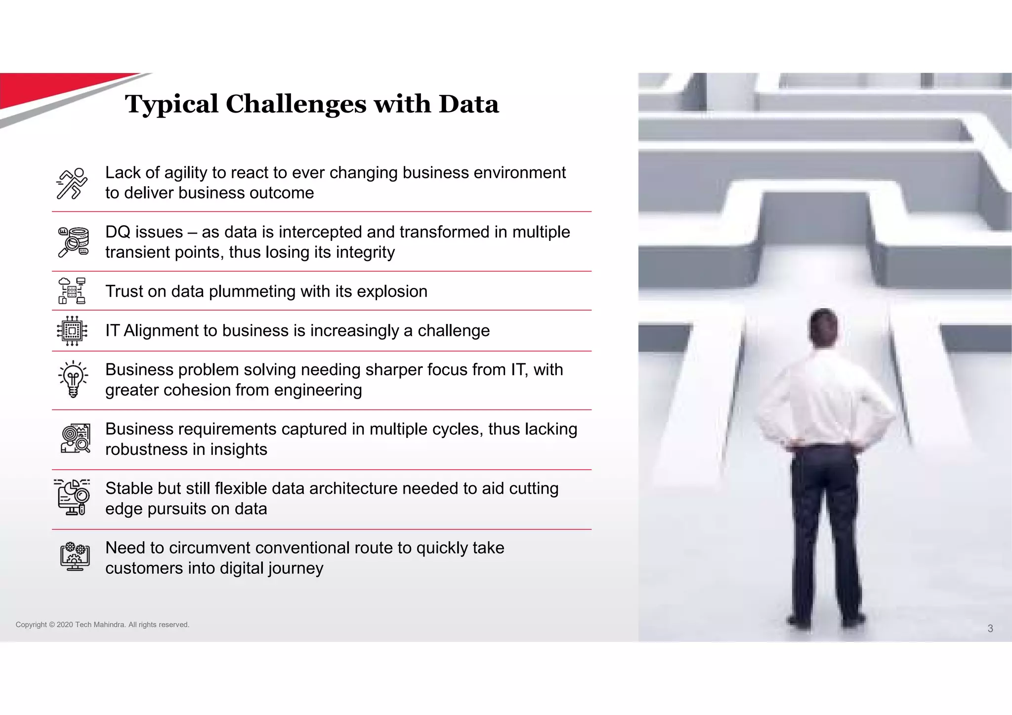 3
Copyright © 2020 Tech Mahindra. All rights reserved.
3
Copyright © 2020 Tech Mahindra. All rights reserved.
Typical Challenges with Data
Lack of agility to react to ever changing business environment
to deliver business outcome
DQ issues – as data is intercepted and transformed in multiple
transient points, thus losing its integrity
Trust on data plummeting with its explosion
IT Alignment to business is increasingly a challenge
Business problem solving needing sharper focus from IT, with
greater cohesion from engineering
Business requirements captured in multiple cycles, thus lacking
robustness in insights
Stable but still flexible data architecture needed to aid cutting
edge pursuits on data
Need to circumvent conventional route to quickly take
customers into digital journey
 