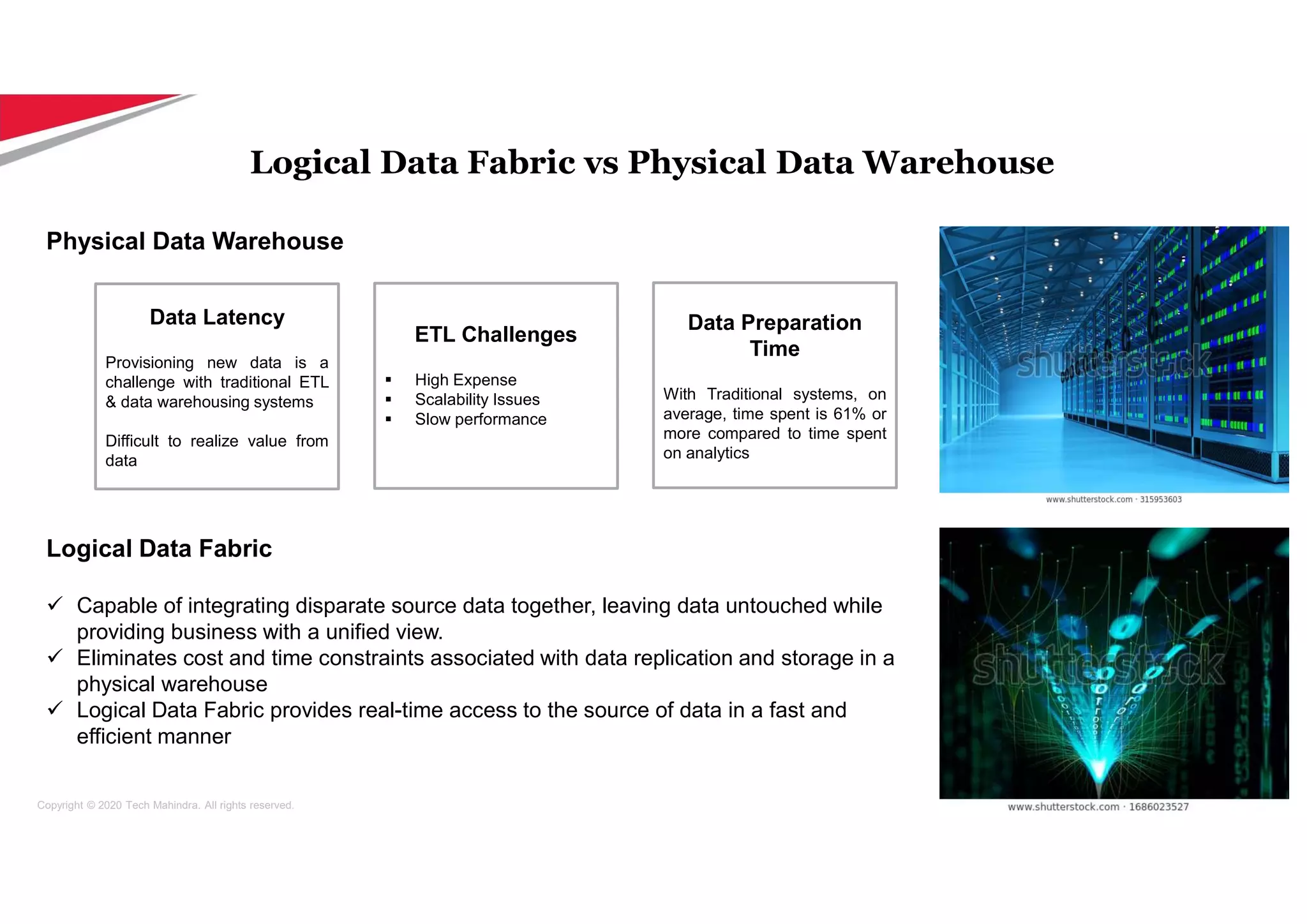 Copyright © 2020 Tech Mahindra. All rights reserved.
Logical Data Fabric vs Physical Data Warehouse
Logical Data Fabric
 Capable of integrating disparate source data together, leaving data untouched while
providing business with a unified view.
 Eliminates cost and time constraints associated with data replication and storage in a
physical warehouse
 Logical Data Fabric provides real-time access to the source of data in a fast and
efficient manner
Physical Data Warehouse
Data Latency
Provisioning new data is a
challenge with traditional ETL
& data warehousing systems
Difficult to realize value from
data
Data Preparation
Time
With Traditional systems, on
average, time spent is 61% or
more compared to time spent
on analytics
ETL Challenges
 High Expense
 Scalability Issues
 Slow performance
 