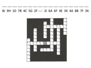 ---- ---- ---- ---- ---- ---- ---- ---- ---- ---- ---- ---- ---- ---- ---- ---- ----
8J 9H 1D 7B 4C 5G 2F ---- 2I 6A 6F 4E 3X 4A 8B 7F 3X
 