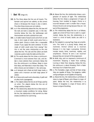 } Set 15 (Page 37)
242. b. The three above the line are all insects. The
hamster and squirrel are rodents, so the correct
choice is b because the mouse is also a rodent.
The other three choices are not rodents.
243. a. In the relationship above the line, the saw and
the nails are tools a carpenter uses. In the rela-
tionship below the line, the stethoscope and
thermometer are tools a pediatrician uses.
244. c. A table made of wood could come from an oak
tree. A shirt made of cloth could come from a
cotton plant. Choice a looks like a reasonable
answer if you apply the same sentence: “A shirt
made of cloth could come from sewing.” But
this is not the same relationship as the one
above the line. The oak and the cotton are both
materials used to make the table and the shirt.
245. d. The words above the line show a continuum:
Command is more extreme than rule, and dic-
tate is more extreme than command. Below the
line, the continuum is as follows: Sleep is more
than doze, and hibernate is more than sleep. The
other choices are not related in the same way.
246. a. A banquet and a feast are both large meals; a
palace and a mansion are both large places of
shelter.
247. b. A fence and a wall mark a boundary. A path and
an alley mark a passageway.
248. c. The objects above the line are all things used by
an artist. The objects below the line are all
things used by a teacher.
249. b. The relationship abovethe line is that snow on
a mountain creates conditions for skiing. Below
the line, the relationship is that warmth at a lake
createsconditions for swimming.
250. d. Above the line, the relationship shows a pro-
gression of sources of light. The relationship
below the line shows a progression of types of
housing, from smallest to largest. Choice a is
incorrect because a tent is smaller than a house.
Choices b and c are wrong because they are not
part of the progression.
251. a. The relationship above the line is as follows;
apples are a kind of fruit; fruit is sold in a super-
market. Below the line, the relationship is: a
novel is a kind of book; books are sold in a
bookstore.
252. d. The tadpole is a young frog; frogs are amphib-
ians. The lamb is a young sheep; sheep are
mammals. Animal (choice a) is incorrect
because it is too large a grouping: Animals
include insects, birds, mammals, reptiles, and
amphibians. Choices b and c are incorrect
because they are not part of the progression.
253. b. Walk, skip, and run represent a continuum of
movement: Skipping is faster than walking;
running is faster than skipping. Below the line,
the continuum is about throwing: Pitch is faster
than toss; hurl is faster than pitch.
254. c. The honeybee, angel, and bat all have wings;
they are capable of flying. The kangaroo, rabbit,
and grasshopper areall capable of hopping.
255. a. Above the line, the relationship is as follows: A
daisy is a type of flower, and a flower is a type of
plant. Below the line, the relationship is as
follows: A bungalow is a type of house, and a
house is a type of building.
A N S W E R S
1 1 7
 