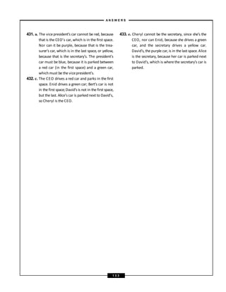431. a. The vicepresident’s car cannot be red, because
that is the CEO’s car, which is in the first space.
Nor can it be purple, because that is the trea-
surer’s car, which is in the last space, or yellow,
because that is the secretary’s. The president’s
car must be blue, because it is parked between
a red car (in the first space) and a green car,
which must be the vicepresident’s.
432. c. The CEO drives a red car and parks in the first
space. Enid drives a green car; Bert’s car is not
in the first space; David’s is not in the first space,
but the last. Alice’s car is parked next to David’s,
so Cheryl is the CEO.
433. e. Cheryl cannot be the secretary, since she’s the
CEO, nor can Enid, because she drives a green
car, and the secretary drives a yellow car.
David’s, the purple car, is in the last space. Alice
is the secretary, because her car is parked next
to David’s, which is where the secretary’s car is
parked.
A N S W E R S
1 3 3
 