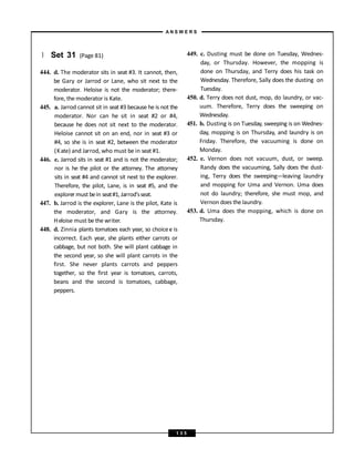 } Set 31 (Page 81)
444. d. The moderator sits in seat #3. It cannot, then,
be Gary or Jarrod or Lane, who sit next to the
moderator. Heloise is not the moderator; there-
fore, the moderator is Kate.
445. a. Jarrod cannot sit in seat #3 because he is not the
moderator. Nor can he sit in seat #2 or #4,
because he does not sit next to the moderator.
Heloise cannot sit on an end, nor in seat #3 or
#4, so she is in seat #2, between the moderator
(Kate) and Jarrod, who must be in seat #1.
446. e. Jarrod sits in seat #1 and is not the moderator;
nor is he the pilot or the attorney. The attorney
sits in seat #4 and cannot sit next to the explorer.
Therefore, the pilot, Lane, is in seat #5, and the
explorer must bein seat#1, Jarrod’sseat.
447. b. Jarrod is the explorer, Lane is the pilot, Kate is
the moderator, and Gary is the attorney.
Heloise must be the writer.
448. d. Zinnia plants tomatoes each year, so choice e is
incorrect. Each year, she plants either carrots or
cabbage, but not both. She will plant cabbage in
the second year, so she will plant carrots in the
first. She never plants carrots and peppers
together, so the first year is tomatoes, carrots,
beans and the second is tomatoes, cabbage,
peppers.
449. c. Dusting must be done on Tuesday, Wednes-
day, or Thursday. However, the mopping is
done on Thursday, and Terry does his task on
Wednesday. Therefore, Sally does the dusting on
Tuesday.
450. d. Terry does not dust, mop, do laundry, or vac-
uum. Therefore, Terry does the sweeping on
Wednesday.
451. b. Dusting is on Tuesday, sweeping is on Wednes-
day, mopping is on Thursday, and laundry is on
Friday. Therefore, the vacuuming is done on
Monday.
452. e. Vernon does not vacuum, dust, or sweep.
Randy does the vacuuming, Sally does the dust-
ing, Terry does the sweeping—leaving laundry
and mopping for Uma and Vernon. Uma does
not do laundry; therefore, she must mop, and
Vernon does the laundry.
453. d. Uma does the mopping, which is done on
Thursday.
A N S W E R S
1 3 5
 