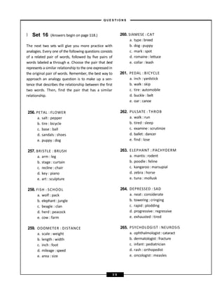 } Set 16 (Answers begin on page 118.)
The next two sets will give you more practice with
analogies. Every one of the following questions consists
of a related pair of words, followed by five pairs of
words labeled a through e. Choose the pair that best
represents a similar relationship to the one expressed in
the original pair of words. Remember, the best way to
approach an analogy question is to make up a sen-
tence that describes the relationship between the first
two words. Then, find the pair that has a similar
relationship.
260. SIAMESE : CAT
a. type: breed
b. dog : puppy
c. mark : spot
d. romaine : lettuce
e. collar : leash
261. PEDAL : BICYCLE
a. inch : yardstick
b. walk : skip
c. tire: automobile
d. buckle : belt
e. oar : canoe
256. PETAL : FLOWER
a. salt : pepper
b. tire : bicycle
c. base : ball
d. sandals : shoes
e. puppy : dog
262. PULSATE : THROB
a. walk : run
b. tired : sleep
c. examine : scrutinize
d. ballet : dancer
e. find : lose
257. BRISTLE : BRUSH
a. arm : leg
b. stage : curtain
c. recline : chair
d. key : piano
e. art : sculpture
263. ELEPHANT : PACHYDERM
a. mantis : rodent
b. poodle : feline
c. kangaroo : marsupial
d. zebra : horse
e. tuna : mollusk
258. FISH : SCHOOL
a. wolf : pack
b. elephant : jungle
c. beagle : clan
d. herd : peacock
e. cow : farm
264. DEPRESSED : SAD
a. neat : considerate
b. towering : cringing
c. rapid : plodding
d. progressive : regressive
e. exhausted : tired
259. ODOMETER : DISTANCE
a. scale : weight
b. length : width
c. inch : foot
d. mileage : speed
e. area : size
265. PSYCHOLOGIST : NEUROSIS
a. ophthalmologist : cataract
b. dermatologist : fracture
c. infant : pediatrician
d. rash : orthopedist
e. oncologist : measles
– Q U E S T I O N S –
3 9
 