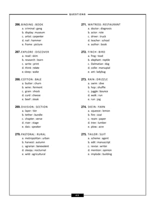 266. BINDING : BOOK
a. criminal : gang
b. display : museum
c. artist : carpenter
d. nail : hammer
e. frame : picture
271. WAITRESS : RESTAURANT
a. doctor : diagnosis
b. actor : role
c. driver : truck
d. teacher : school
e. author : book
267. EXPLORE : DISCOVER
a. read : skim
b. research : learn
c. write : print
d. think : relate
e.sleep : wake
272. FINCH : BIRD
a. frog : toad
b. elephant : reptile
c. Dalmatian : dog
d. collie : marsupial
e. ant : ladybug
268. COTTON : BALE
a. butter : churn
b. wine : ferment
c. grain : shock
d. curd : cheese
e. beef : steak
273. RAIN : DRIZZLE
a. swim : dive
b. hop : shuffle
c. juggle : bounce
d. walk : run
e. run : jog
269. DIVISION : SECTION
a. layer : tier
b. tether : bundle
c. chapter : verse
d. riser : stage
e. dais : speaker
274. SKEIN : YARN
a. squeeze : lemon
b. fire : coal
c. ream : paper
d. tree : lumber
e. plow : acre
270. PASTORAL : RURAL
a. metropolitan : urban
b. harvest : autumn
c. agrarian : benevolent
d. sleepy : nocturnal
e. wild : agricultural
275. TAILOR : SUIT
a. scheme : agent
b. edit : manuscript
c. revise : writer
d. mention : opinion
e. implode : building
– Q U E S T I O N S –
4 0
 
