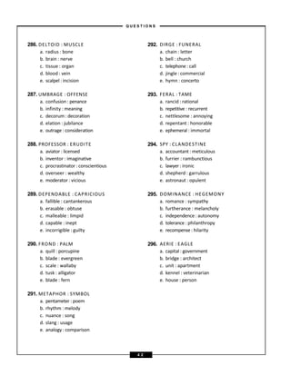 286. DELTOID : MUSCLE
a. radius : bone
b. brain : nerve
c. tissue : organ
d. blood : vein
e. scalpel: incision
292. DIRGE : FUNERAL
a. chain : letter
b. bell : church
c. telephone : call
d. jingle : commercial
e. hymn : concerto
287. UMBRAGE : OFFENSE
a. confusion : penance
b. infinity : meaning
c. decorum: decoration
d. elation : jubilance
e. outrage : consideration
293. FERAL : TAME
a. rancid : rational
b. repetitive : recurrent
c. nettlesome : annoying
d. repentant : honorable
e. ephemeral : immortal
288. PROFESSOR : ERUDITE
a. aviator : licensed
b. inventor : imaginative
c. procrastinator : conscientious
d. overseer : wealthy
e. moderator : vicious
294. SPY : CLANDESTINE
a. accountant : meticulous
b. furrier : rambunctious
c. lawyer : ironic
d. shepherd : garrulous
e. astronaut : opulent
289. DEPENDABLE : CAPRICIOUS
a. fallible : cantankerous
b. erasable : obtuse
c. malleable : limpid
d. capable : inept
e. incorrigible : guilty
295. DOMINANCE : HEGEMONY
a. romance : sympathy
b. furtherance : melancholy
c. independence : autonomy
d. tolerance : philanthropy
e. recompense: hilarity
290. FROND : PALM
a. quill : porcupine
b. blade : evergreen
c. scale : wallaby
d. tusk : alligator
e. blade : fern
296. AERIE : EAGLE
a. capital : government
b. bridge : architect
c. unit : apartment
d. kennel : veterinarian
e. house : person
291. METAPHOR : SYMBOL
a. pentameter: poem
b. rhythm : melody
c. nuance : song
d. slang : usage
e. analogy : comparison
– Q U E S T I O N S –
4 2
 