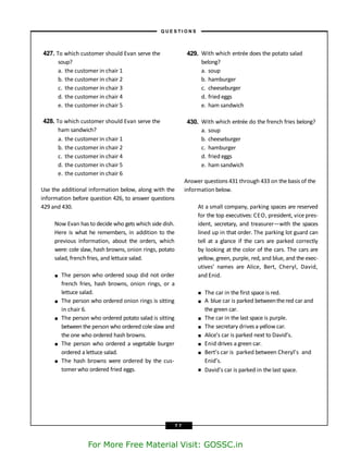 Use the additional information below, along with the
information before question 426, to answer questions
429 and 430.
Now Evan has to decide who gets which side dish.
Here is what he remembers, in addition to the
previous information, about the orders, which
were: cole slaw, hash browns, onion rings, potato
salad, french fries, and lettuce salad.
■
■
■
■
■
The person who ordered soup did not order
french fries, hash browns, onion rings, or a
lettuce salad.
The person who ordered onion rings is sitting
in chair 6.
The person who ordered potato salad is sitting
between the person who ordered cole slaw and
the one who ordered hash browns.
The person who ordered a vegetable burger
ordered a lettuce salad.
The hash browns were ordered by the cus-
tomer who ordered fried eggs.
427. To which customer should Evan serve the 429. With which entrée does the potato salad
soup?
a. the customer in chair 1
b. the customer in chair 2
c. the customer in chair 3
d. the customer in chair 4
e. the customer in chair 5
belong?
a. soup
b. hamburger
c. cheeseburger
d. fried eggs
e. ham sandwich
428. To which customer should Evan serve the
ham sandwich?
a. the customer in chair 1
b. the customer in chair 2
c. the customer in chair 4
d. the customer in chair 5
e. the customer in chair 6
430. With which entrée do the french fries belong?
a. soup
b. cheeseburger
c. hamburger
d. fried eggs
e. ham sandwich
Answer questions 431 through 433 on the basis of the
information below.
At a small company, parking spaces are reserved
for the top executives: CEO, president, vice pres-
ident, secretary, and treasurer—with the spaces
lined up in that order. The parking lot guard can
tell at a glance if the cars are parked correctly
by looking at the color of the cars. The cars are
yellow, green, purple, red, and blue, and the exec-
utives’ names are Alice, Bert, Cheryl, David,
and Enid.
■
■
■
■
■
■
■
■
The car in the first space is red.
A blue car is parked betweenthered car and
the green car.
The car in the last space is purple.
The secretary drivesa yellow car.
Alice’s car is parked next to David’s.
Enid drives a green car.
Bert’s car is parked between Cheryl’s and
Enid’s.
David’s car is parked in the last space.
– Q U E S T I O N S –
7 7
For More Free Material Visit: GOSSC.in
 