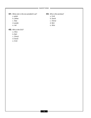 431. What color is the vice president’s car?
a. green
b. yellow
c. blue
d. purple
e. red
432. Who is the CEO?
a. Alice
b. Bert
c. Cheryl
d. David
e. Enid
433. Who is the secretary?
a. Enid
b. David
c. Cheryl
d. Bert
e. Alice
– Q U E S T I O N S –
7 8
 