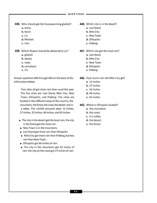 438. Who should get the housewarming gladioli? 440. Which city is in the desert?
a. Jenny a. Last Stand
b. Kevin b. Mile City
c. Liz c. New Town
d. Michael d. Olliopolis
e. Inez e. Polberg
439. Which flowers should be delivered to Liz? 441. Which city got the most rain?
a. gladioli a. Last Stand
b. daisies b. Mile City
c. roses c. New Town
d. carnations d. Olliopolis
e. iris e. Polberg
Answer questions 440 through 443 on the basis of the 442. How much rain did Mile City get?
information below. a. 12 inches
b. 27 inches
Five cities all got more rain than usual this year. c. 32 inches
The five cities are: Last Stand, Mile City, New d. 44 inches
Town, Olliopolis, and Polberg. The cities are e. 65 inches
located in five different areas of the country: the
mountains,theforest,thecoast,thedesert,and in 443. Where is Olliopolis located?
a valley. The rainfall amounts were: 12 inches, a. the mountains
27 inches, 32 inches, 44 inches, and 65 inches. b. the coast
c. in a valley
■ The city in the desert got the least rain; the city d. the desert
in the forest got the most rain. e. the forest
■ New Town is in the mountains.
■ Last Stand got more rain than Olliopolis.
■ Mile City got more rain than Polberg, but less
rain than New Town.
■ Olliopolis got 44 inches of rain.
■ The city in the mountains got 32 inches of
rain; the city on the coastgot 27 inches of rain.
– Q U E S T I O N S –
8 0
 