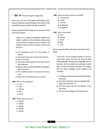 and Lane.
■
■
■
■
■
■
■
The moderator must sit in the middle, in
seat #3.
The attorney cannot sit next to the explorer.
Lane is the pilot.
The writerandtheattorney siton eithersideof
the moderator.
Heloise,whois notthemoderator,sitsbetween
Kate and Jarrod.
The moderator does not sit next to Jarrod or
Lane.
Gary, who is the attorney, sits in seat #4.
444. Who is the moderator?
a. Lane
b. Gary
c. Heloise
d. Kate
e. Jarrod
445. Where does Jarrod sit?
a. seat #1
b. seat #2
c. seat #3
d. seat #4
e. seat #5
} Set 31 (Answers begin on page 135.) 446. What occupation does Jarrod hold?
a. a moderator
Here’s one more set of logic games. Remember, map- b. a pilot
ping outthegameusingall thegiveninformationis the c. a writer
most efficient way to attack this type of question. d. an attorney
e. an explorer
Answer questions 444 through 447 on the basis of the
information below. 447. Who is the writer?
a. Gary
Eleanor is in charge of seating the speakers at a b. Heloise
table. In addition to the moderator, there will be c. Jarrod
apilot, awriter, an attorney,andan explorer. The d. Kate
speakers’ names are Gary, Heloise, Jarrod, Kate, e. Lane
Answer question 448 on thebasis of theinformation
below.
Zinnia has a small container garden on her bal-
cony. Each spring, she only has room to plant
three vegetables. Because five vegetables are her
favorites, she has worked out a schedule to plant
each at least once every two years. The vegeta-
bles are: beans, cabbage, carrots, peppers, and
tomatoes.
■
■
■
■
Tomatoesareher favoritesand sheplants them
every year.
Each year, sheplants only one vegetable that
begins with the letter “C.”
She never plants carrots and peppers in the
sameyear.
She will plant cabbagein the second year.
– Q U E S T I O N S –
8 1
For More Free Material Visit: GOSSC.in
 