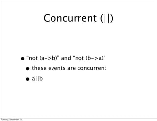 Concurrent (||)



                      • “not (a->b)” and “not (b->a)”
                       • these events are concurrent
                       • a||b



Tuesday,	 September	 20,	 
 