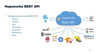8
Hopsworks REST API
• Manage resources via the REST API
o Projects
o Datasets
o Jobs
o FeatureStore
o Experiments
o ModelServing
o Kafka
o ...
 